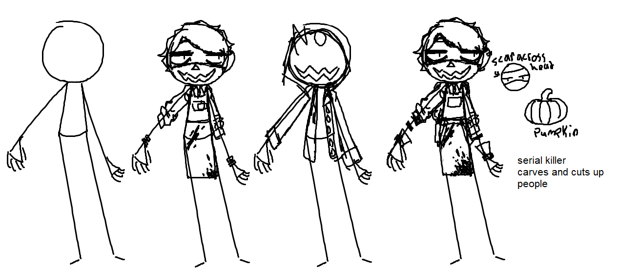 I had two ideas for a Pumpkin character but ultimately went with the first one